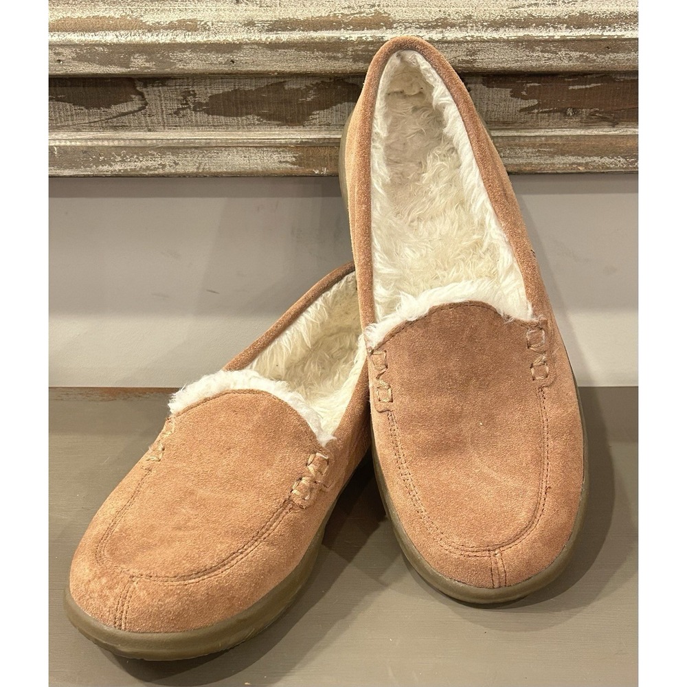 Vionic Lynez Suede Faux Fur Moccasin Slippers Chestnut Brown Women's Size 6.5